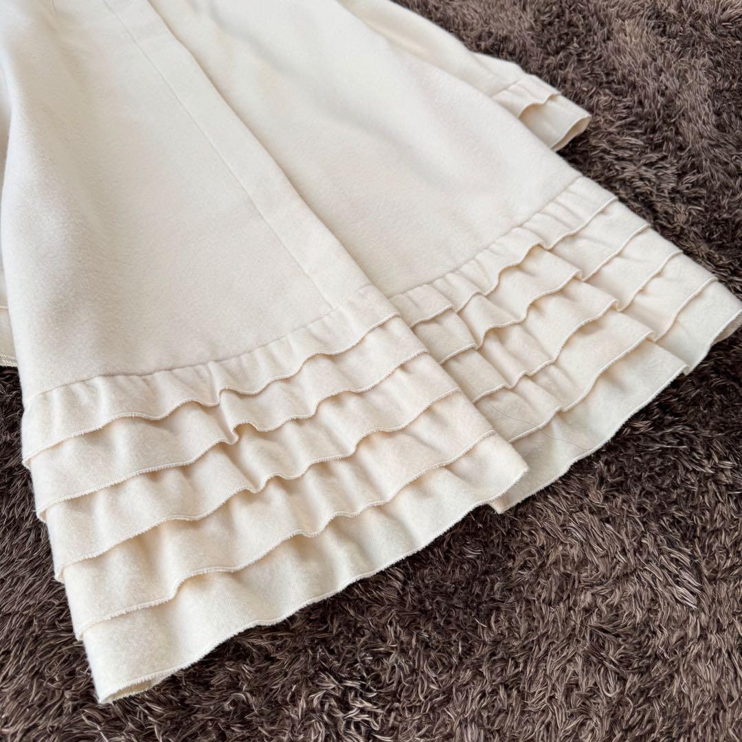 美品 エムズグレイシー フリル ノーカラー ロングコート ウール ビジュー 38