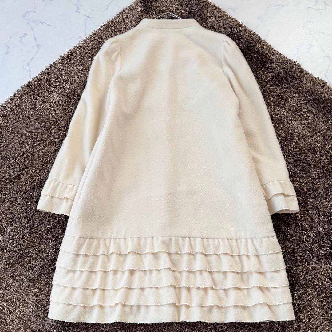 美品 エムズグレイシー フリル ノーカラー ロングコート ウール ビジュー 38