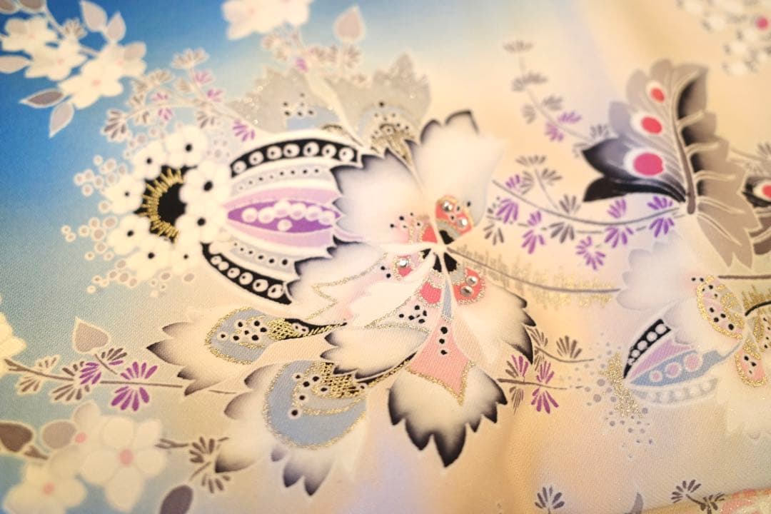 イ*い様 正絹 訪問着｜淡青グラデーション×金彩｜身丈163.5cm｜裄67㎝