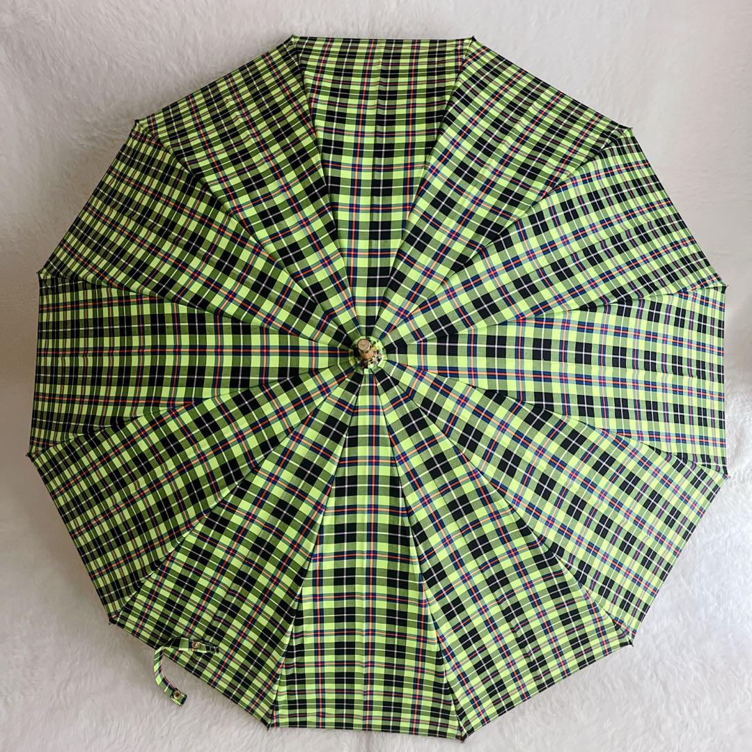 【美品】 トラディショナルウェザーウェア チェック ライムグリーン バンブー 傘