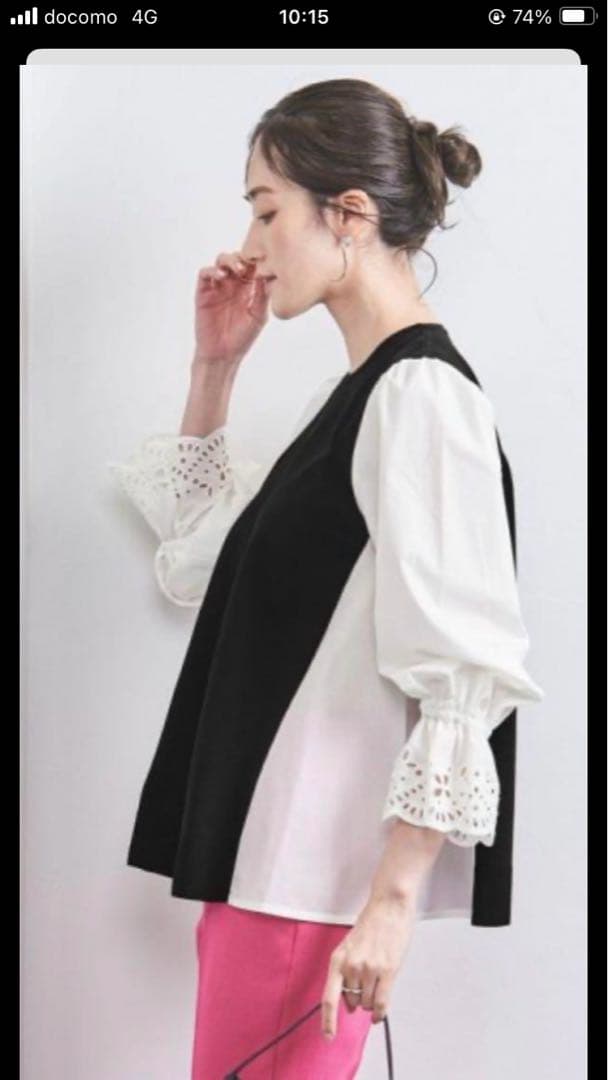 スカラップコンビスリーブプルオーバー　ブラック　白