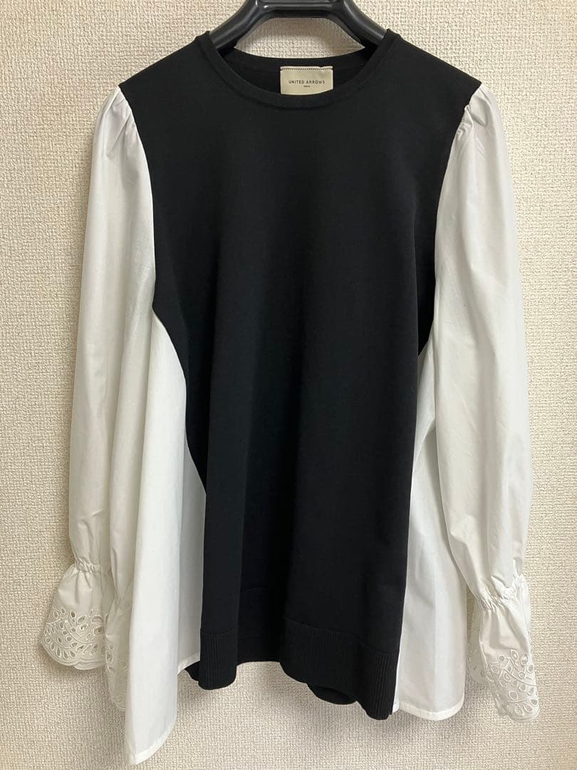 スカラップコンビスリーブプルオーバー　ブラック　白