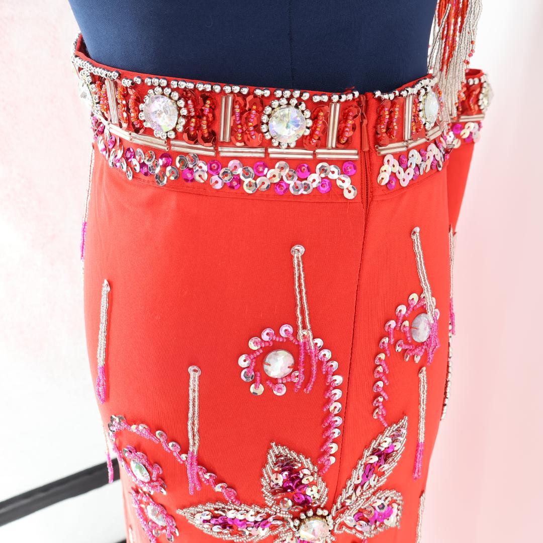 【ベリーダンス用 オリエンタル衣装】レッド スパンコールラメ多数 赤 ビーズ