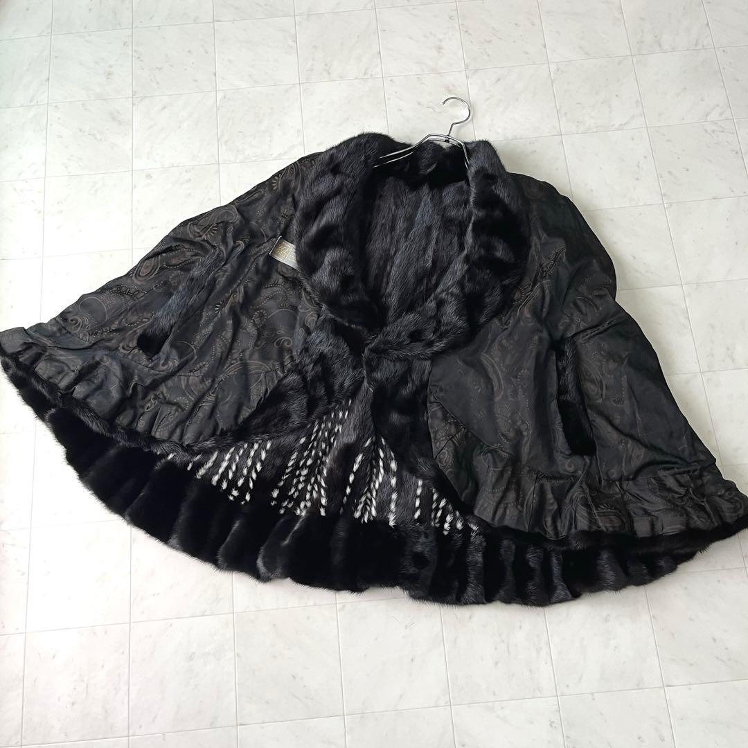 SAGA MINK  ポンチョ リバーシブル ブラックミンク 裏地総柄