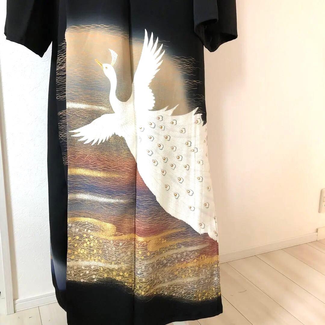 黒留リメイクワンピースドレス　作家もの　孔雀の刺繍と金糸柄　130㎝丈詰め不可
