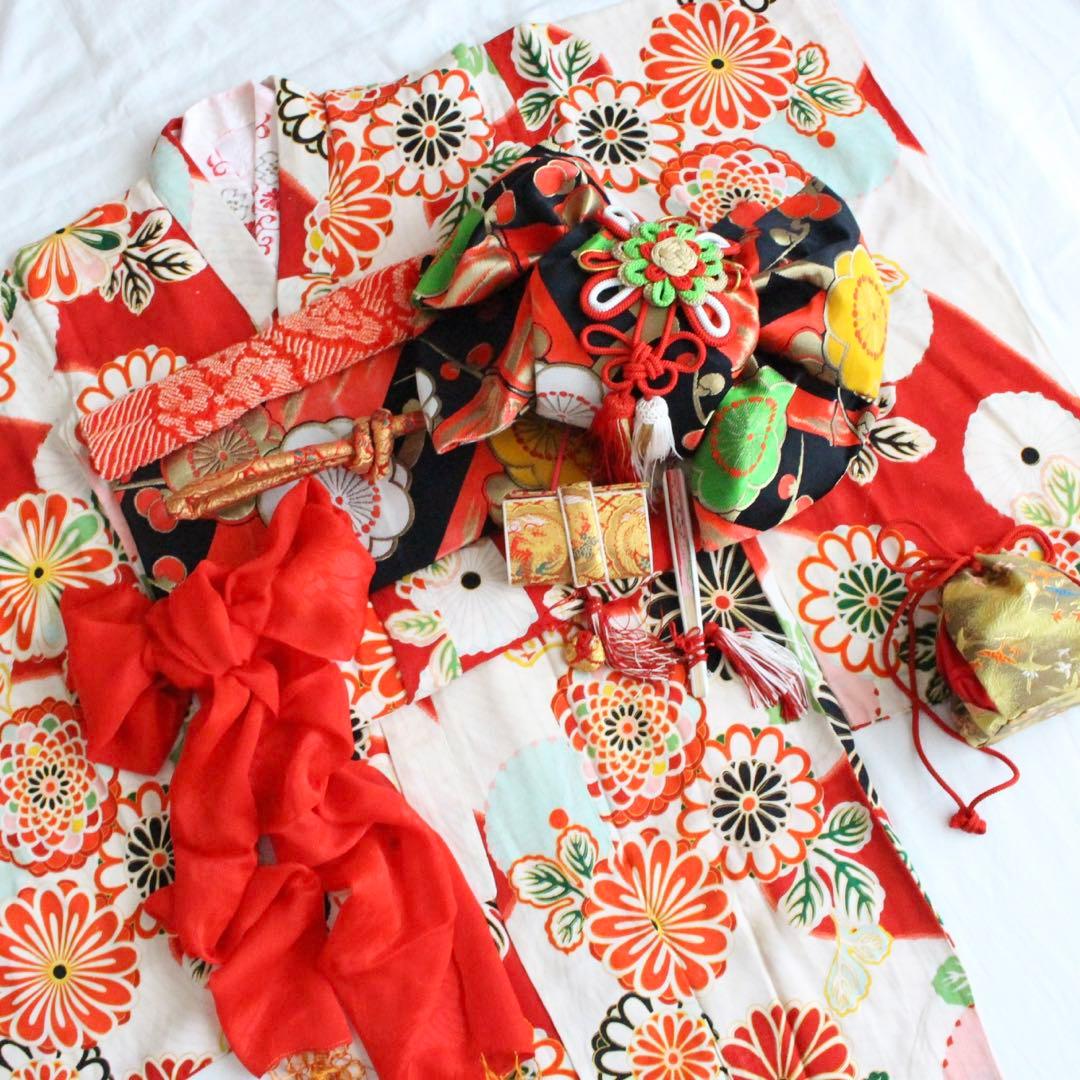 七五三 5歳 7歳 女の子 子供 アンティーク 着物 つくり帯 セット