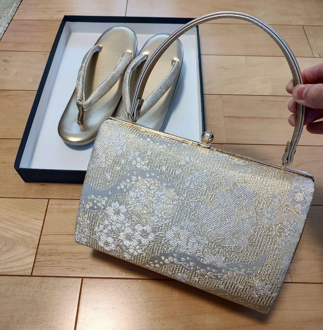 金色刺繍の和装用バッグと草履セット　和装バッグ草履セット　結婚式　入学式