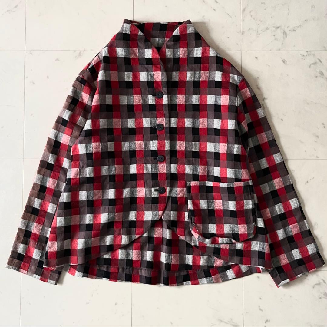 美品＊慈雨 センソユニコ ウールアンゴラ混ジャケット 40 赤黒系チェック 長袖
