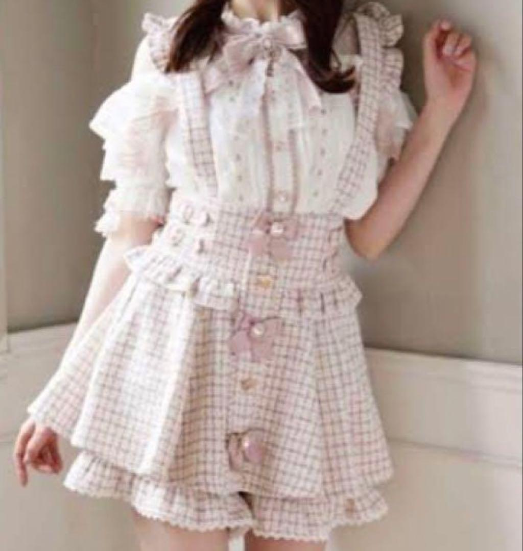 リズリサ ツイードサスペンダー付スカパン ピンク