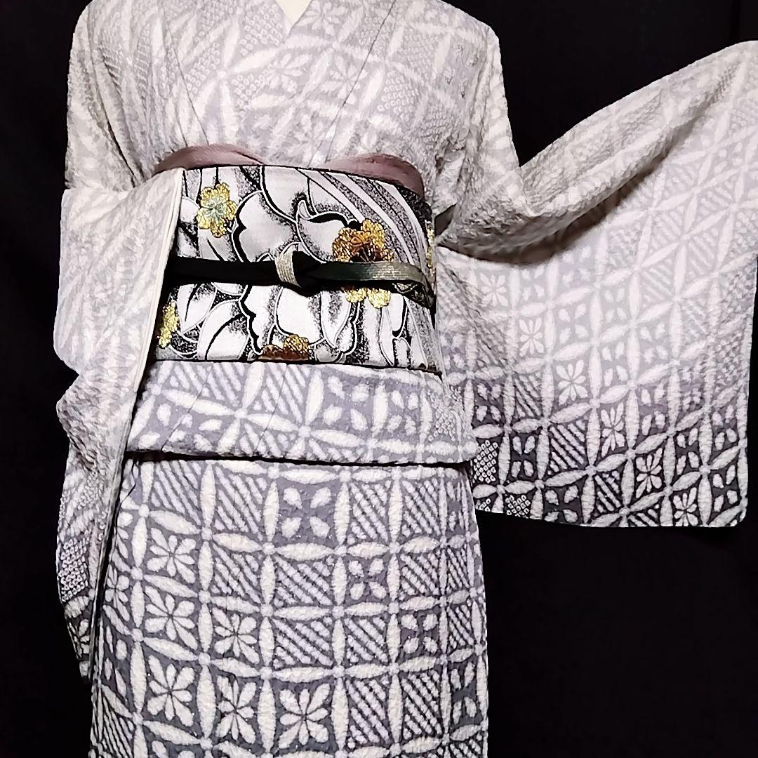 訪問着 着物セット 刺繍 銀通し 袋帯 絞り 白 灰色 グレー