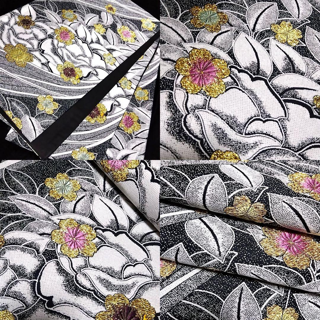 訪問着 着物セット 刺繍 銀通し 袋帯 絞り 白 灰色 グレー