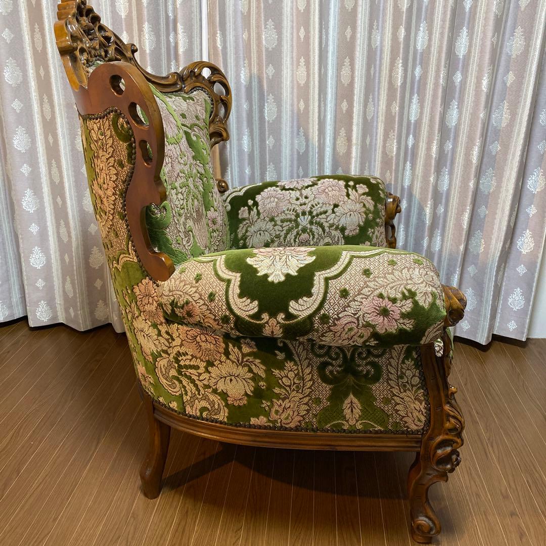 バロックスタイル グリーンベルベットソファ刺繍　アンティーク　西洋