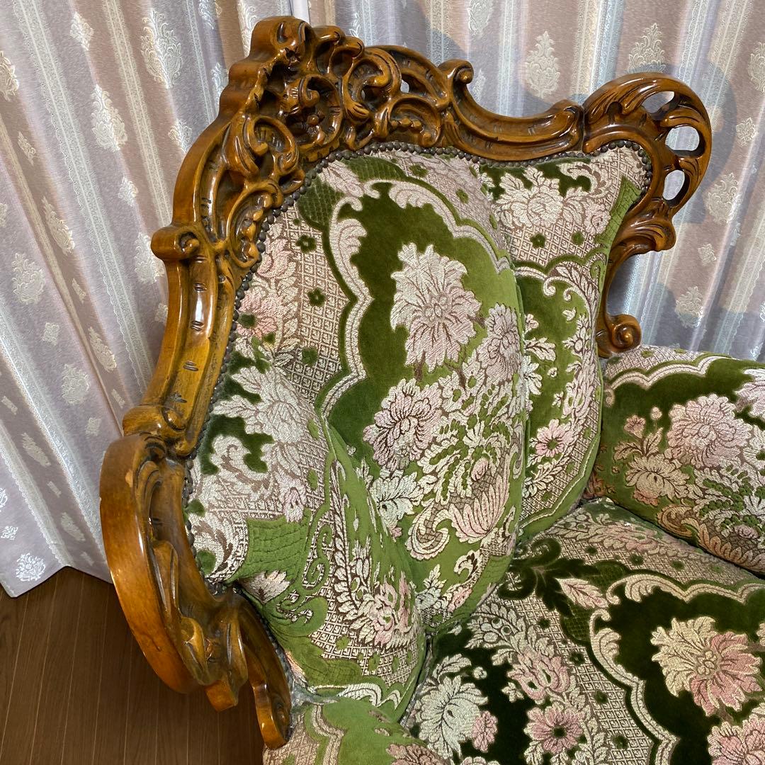 バロックスタイル グリーンベルベットソファ刺繍　アンティーク　西洋