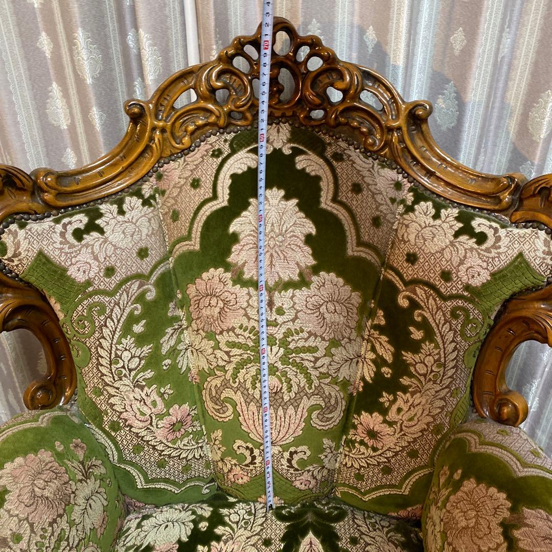 バロックスタイル グリーンベルベットソファ刺繍　アンティーク　西洋