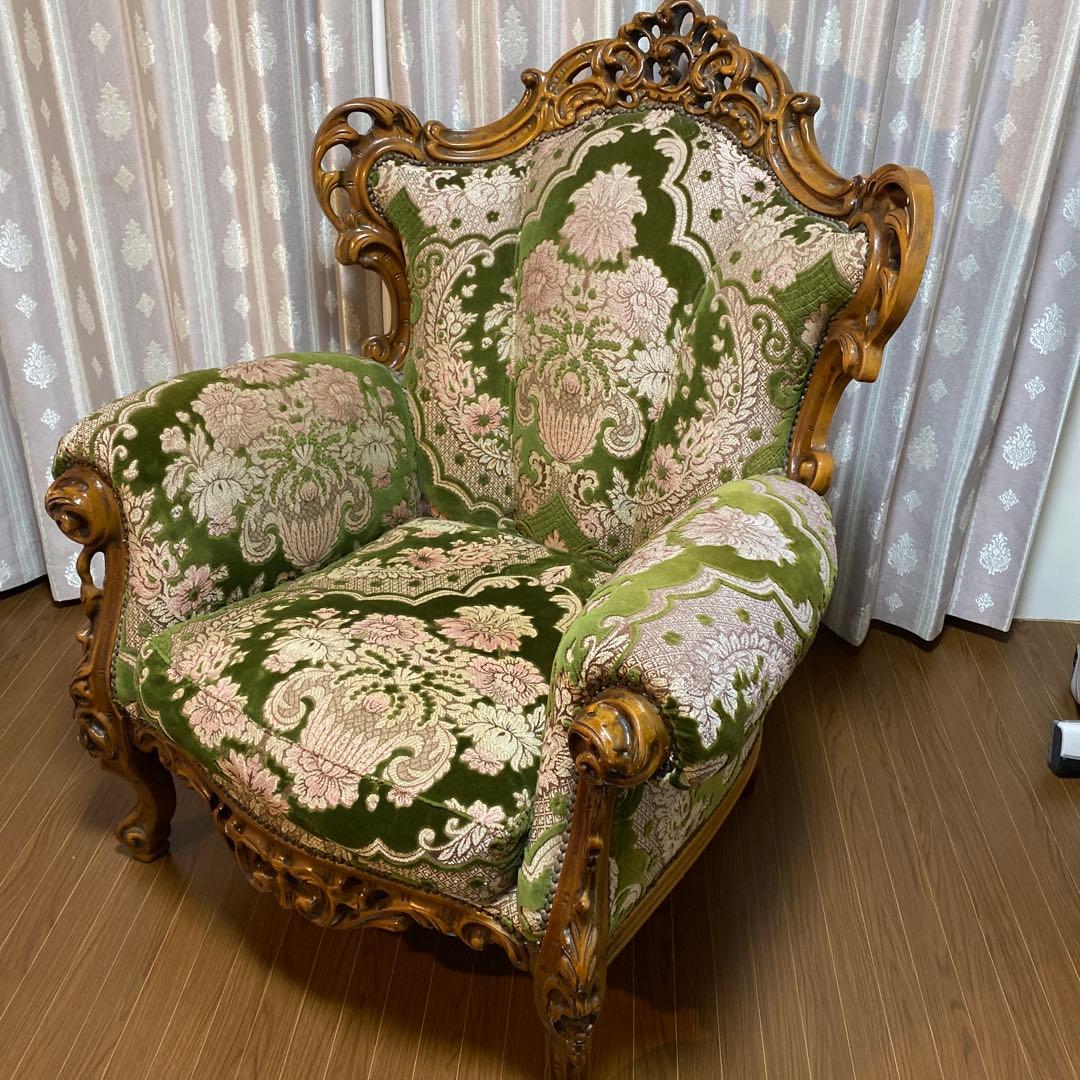 バロックスタイル グリーンベルベットソファ刺繍　アンティーク　西洋