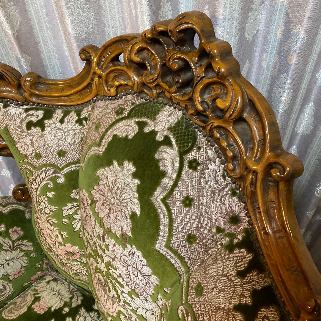 バロックスタイル グリーンベルベットソファ刺繍　アンティーク　西洋
