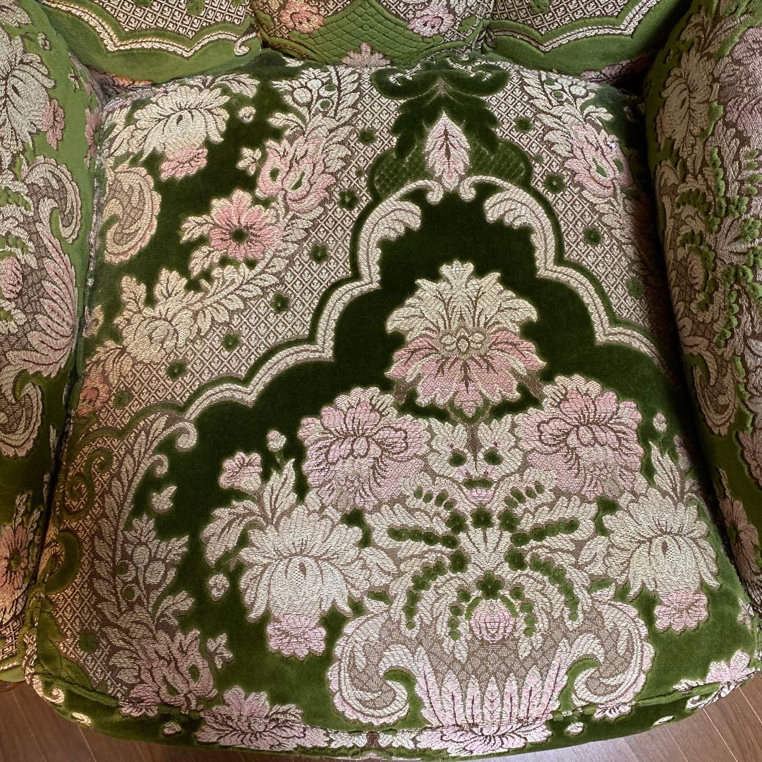 バロックスタイル グリーンベルベットソファ刺繍　アンティーク　西洋