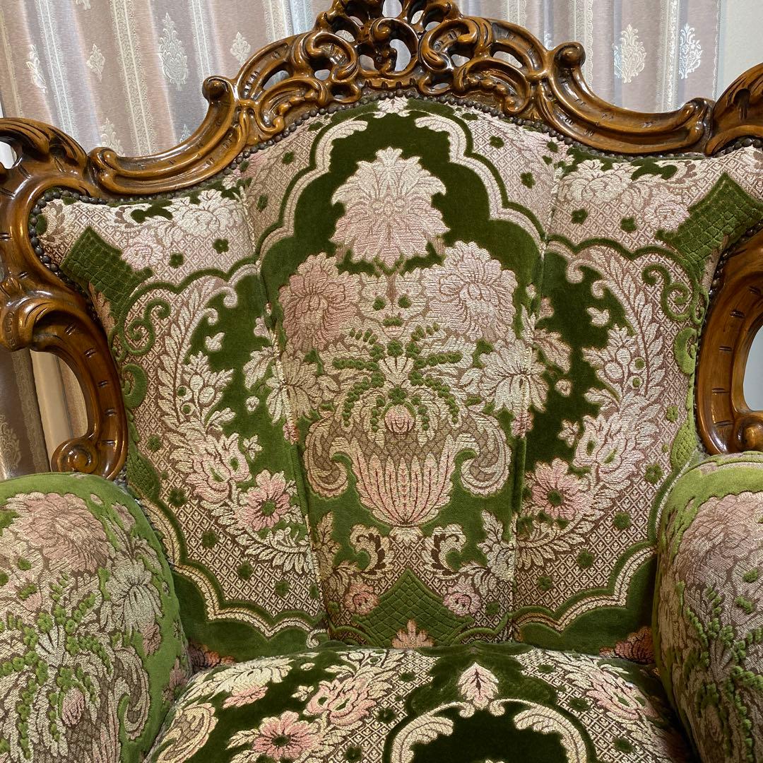 バロックスタイル グリーンベルベットソファ刺繍　アンティーク　西洋