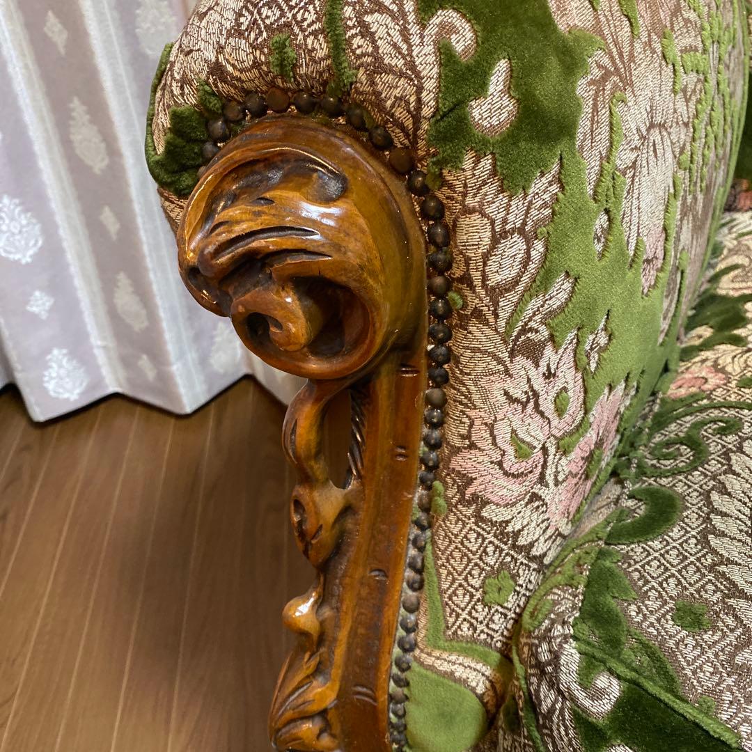 バロックスタイル グリーンベルベットソファ刺繍　アンティーク　西洋