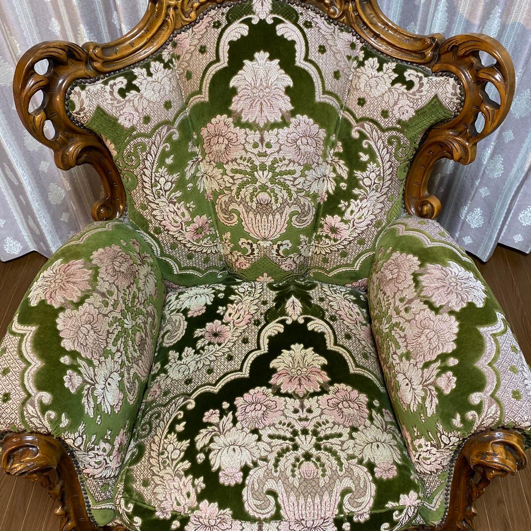 バロックスタイル グリーンベルベットソファ刺繍　アンティーク　西洋