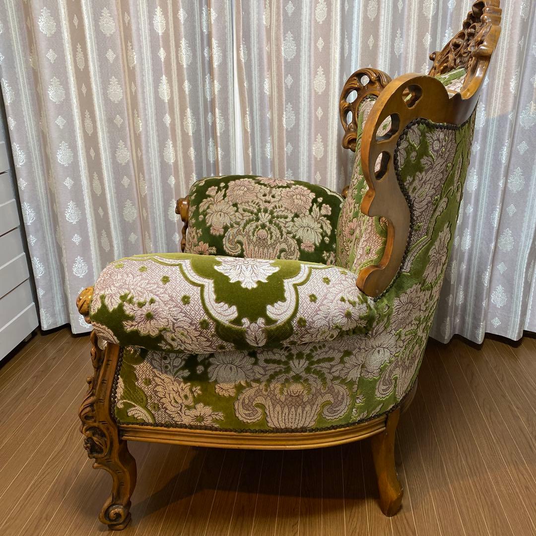 バロックスタイル グリーンベルベットソファ刺繍　アンティーク　西洋