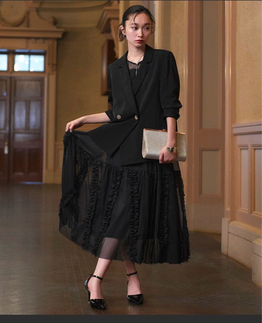 【美品送料込】ブラックフリルパーティードレス　ジャケット　ワンピース　XL