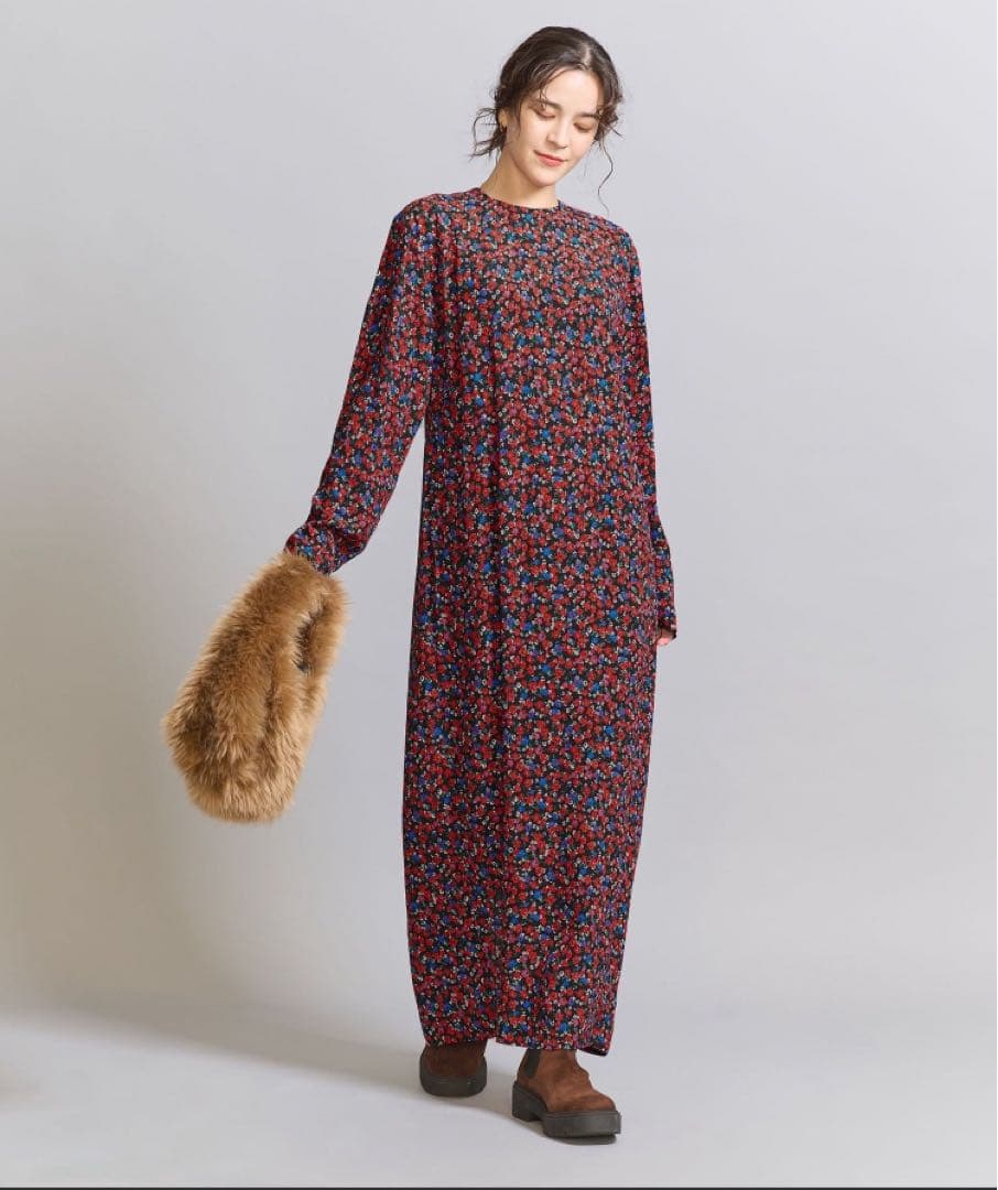 レーヨンフラワープリント ワンピース　レッド　M