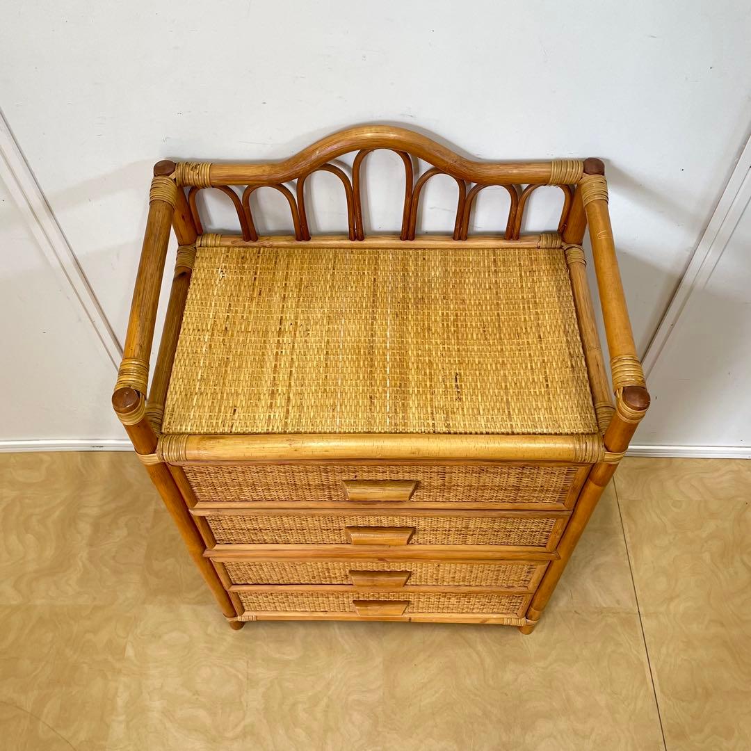 ビンテージ 籐 ラタン 4段チェスト 引き出し 収納 タンス 電話台