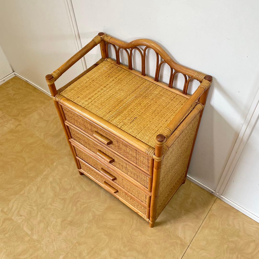 ビンテージ 籐 ラタン 4段チェスト 引き出し 収納 タンス 電話台