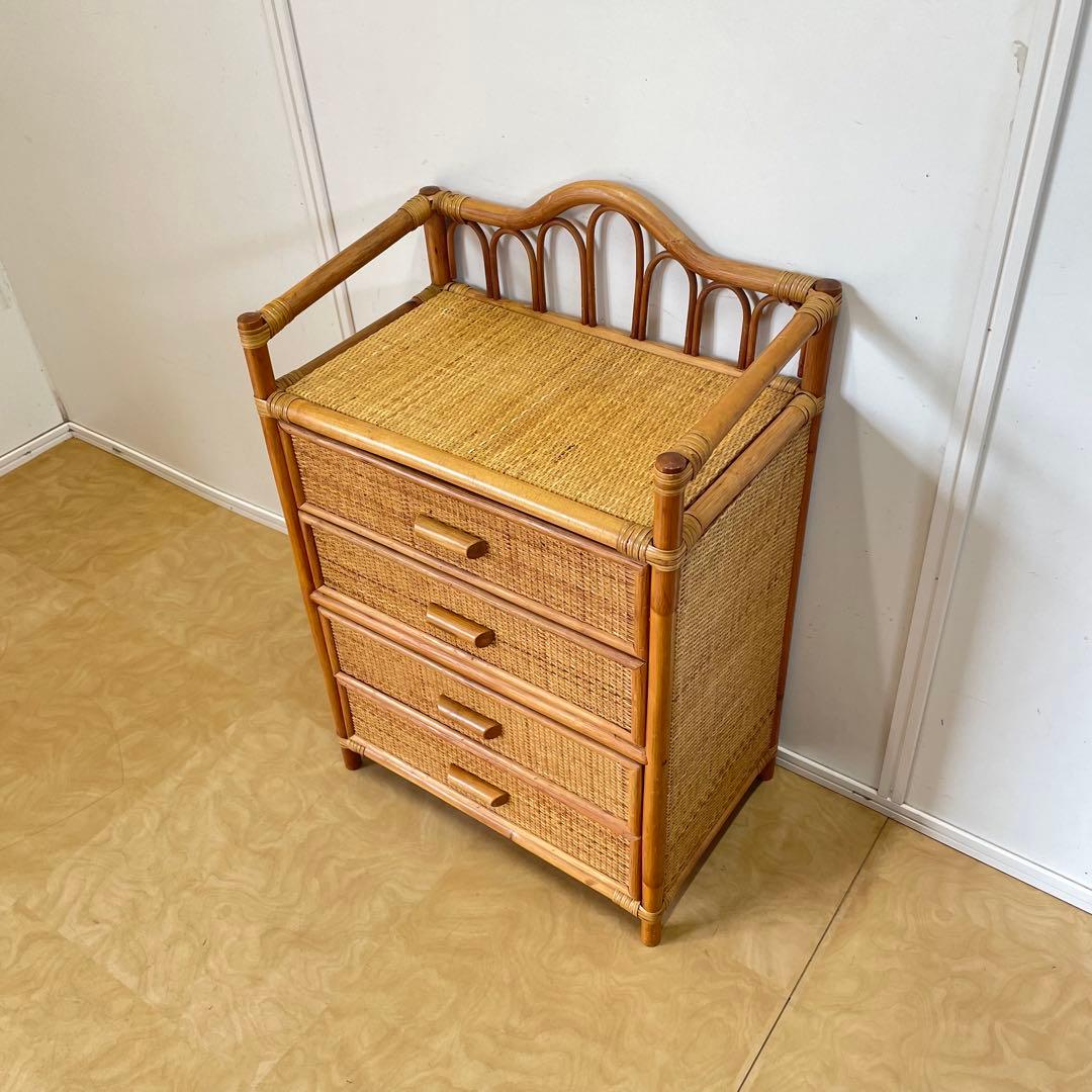 ビンテージ 籐 ラタン 4段チェスト 引き出し 収納 タンス 電話台