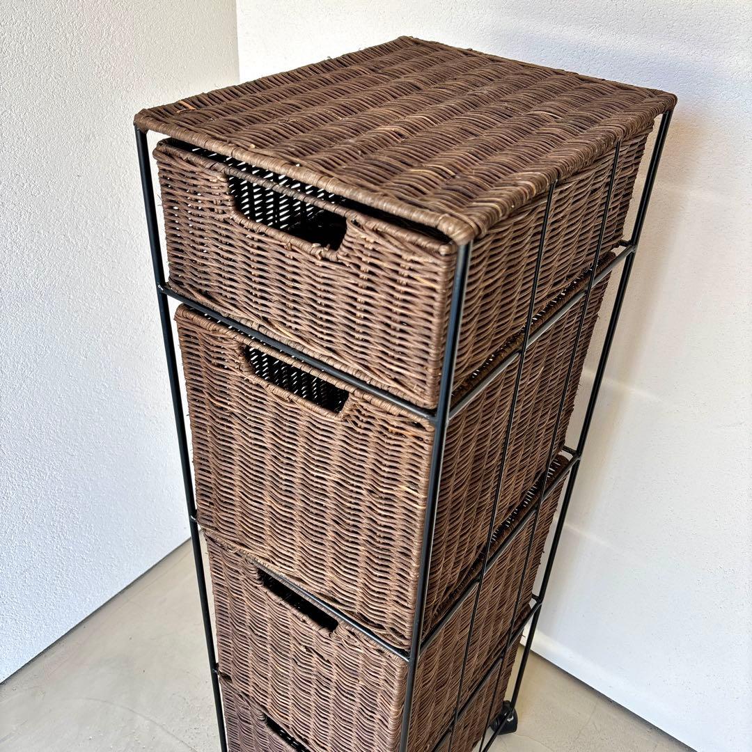 4段 アイアン ラタン チェスト かご カゴ 引き出し 収納 キャスター ラック