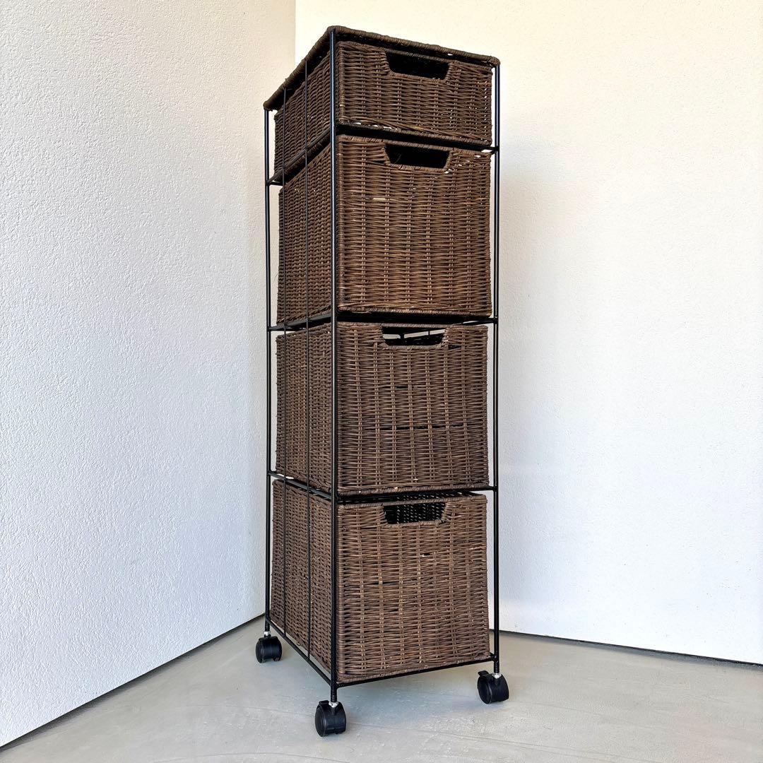 4段 アイアン ラタン チェスト かご カゴ 引き出し 収納 キャスター ラック