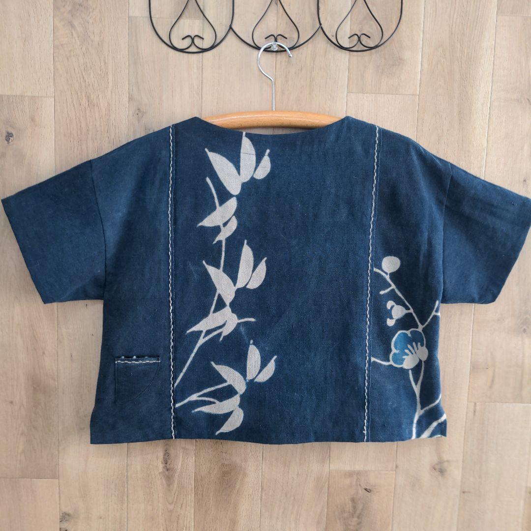 古布リメイク　筒描き　藍染め木綿　プルオーバー