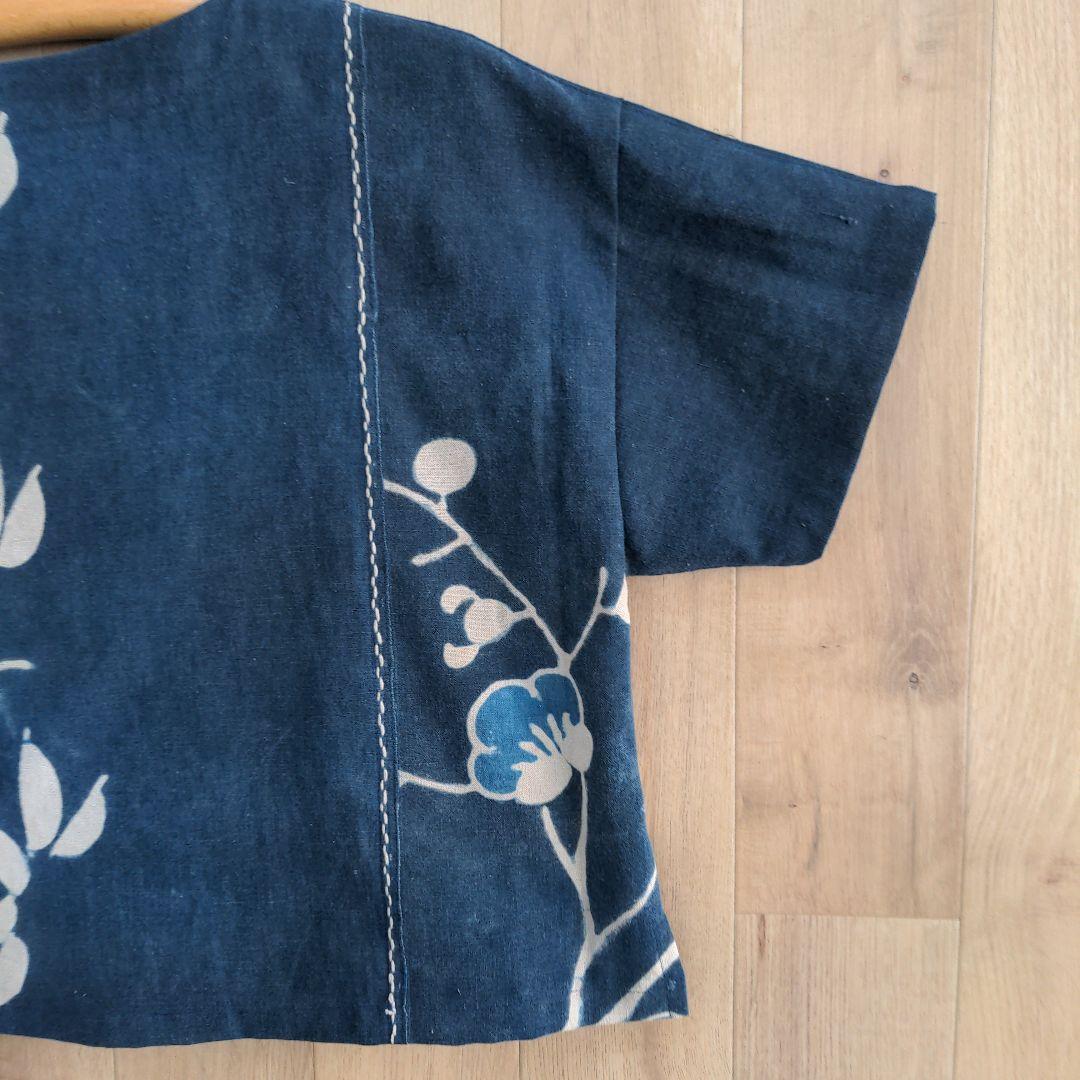 古布リメイク　筒描き　藍染め木綿　プルオーバー