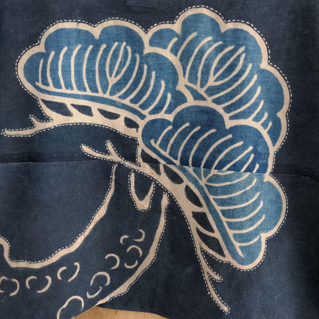 古布リメイク　筒描き　藍染め木綿　プルオーバー