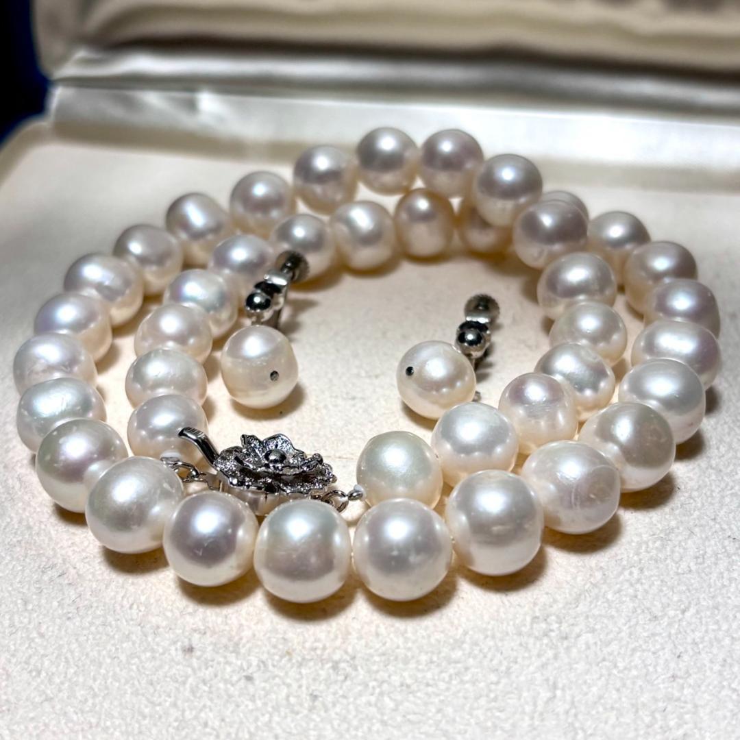 【テリ強】本真珠 パール ネックレス 約10mm-11mm イヤリングセット