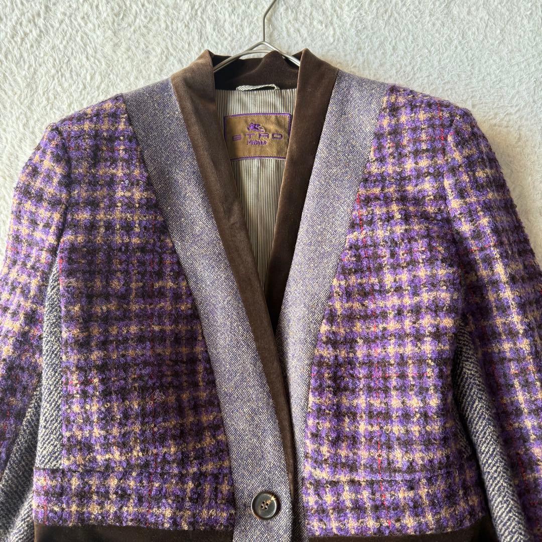エトロ ノーカラー ジャケット ツイード シルク モヘヤ混 大きいサイズ 44