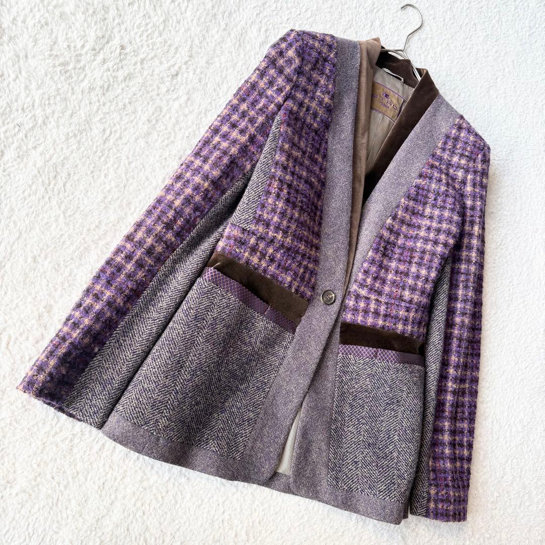 エトロ ノーカラー ジャケット ツイード シルク モヘヤ混 大きいサイズ 44
