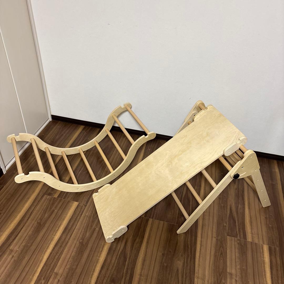 クライミングセット、スライディングランプ＆アーチランプ付き、折りたたみ式木製