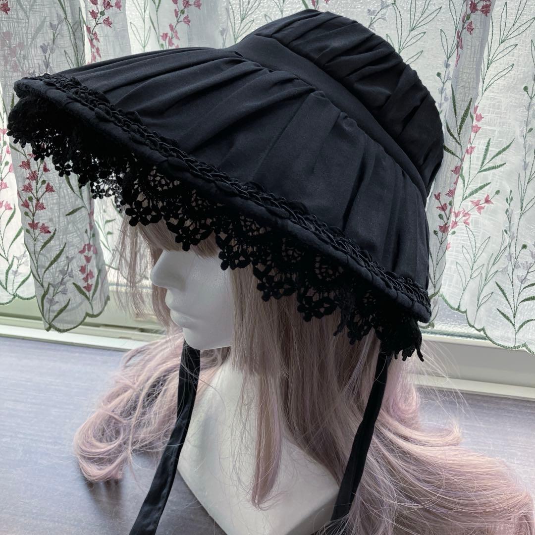 ヴィクトリアンメイデン　レースギャザードールハット　ボンネットブラック　ゴスロリ