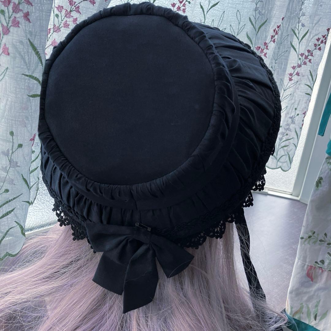 ヴィクトリアンメイデン　レースギャザードールハット　ボンネットブラック　ゴスロリ