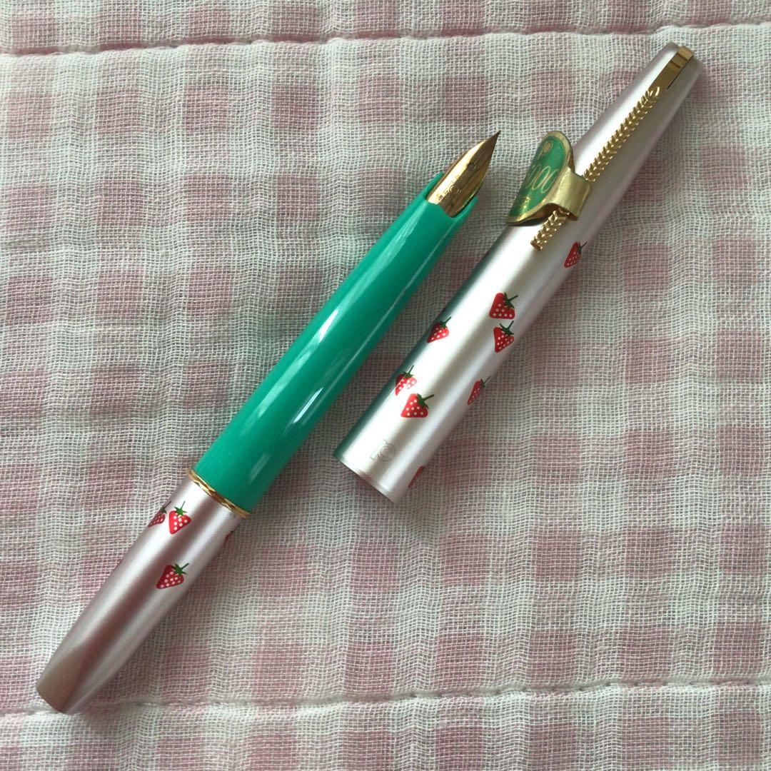 プラチナ 14K 14金 万年筆 ショート 細字 いちご 苺 緑 廃盤