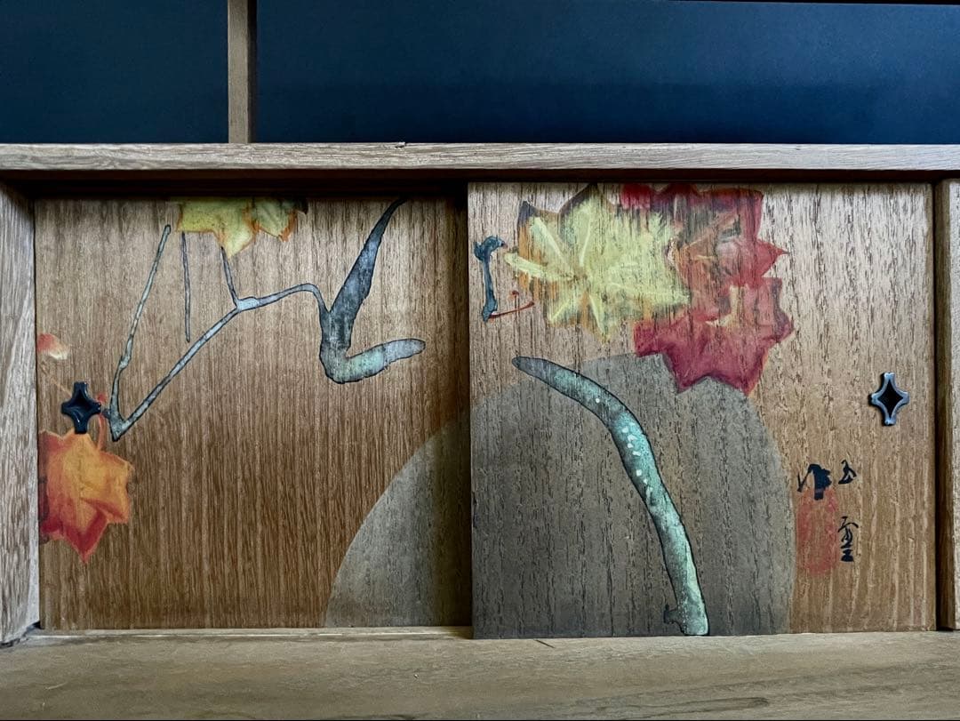 「母」 指物師 善斎 五雲 絵 夕紅葉図 茶棚 煎茶棚 仕舞い箱 茶道具（あ）