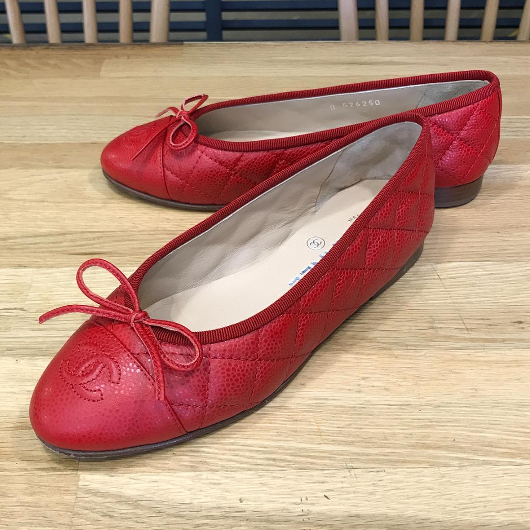 マリア様の 超美品 シャネル フラットシューズ パンプス バレエシューズ レッド