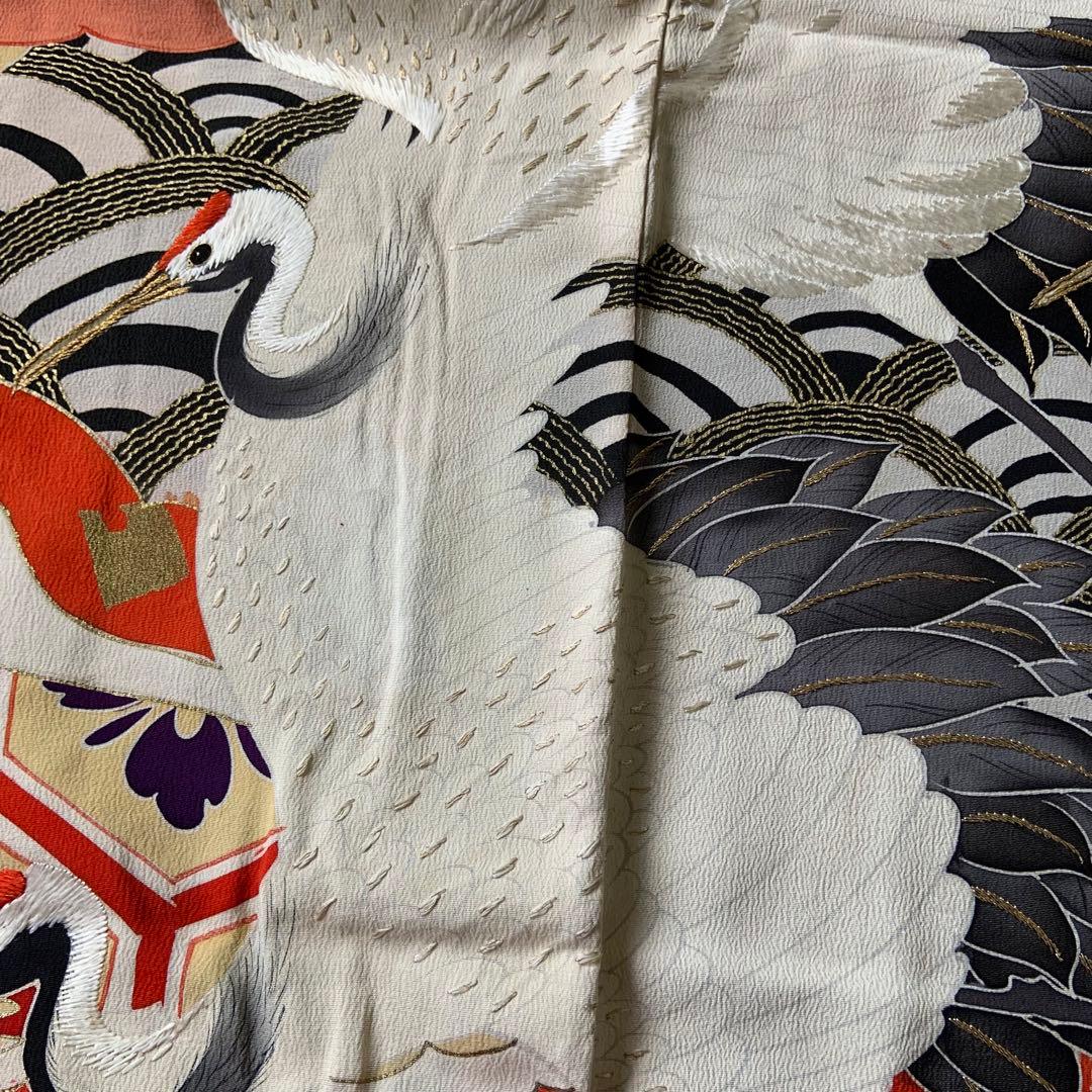 アンティークヴィンテージ振袖 鶴と雲　青海波文様リメイク