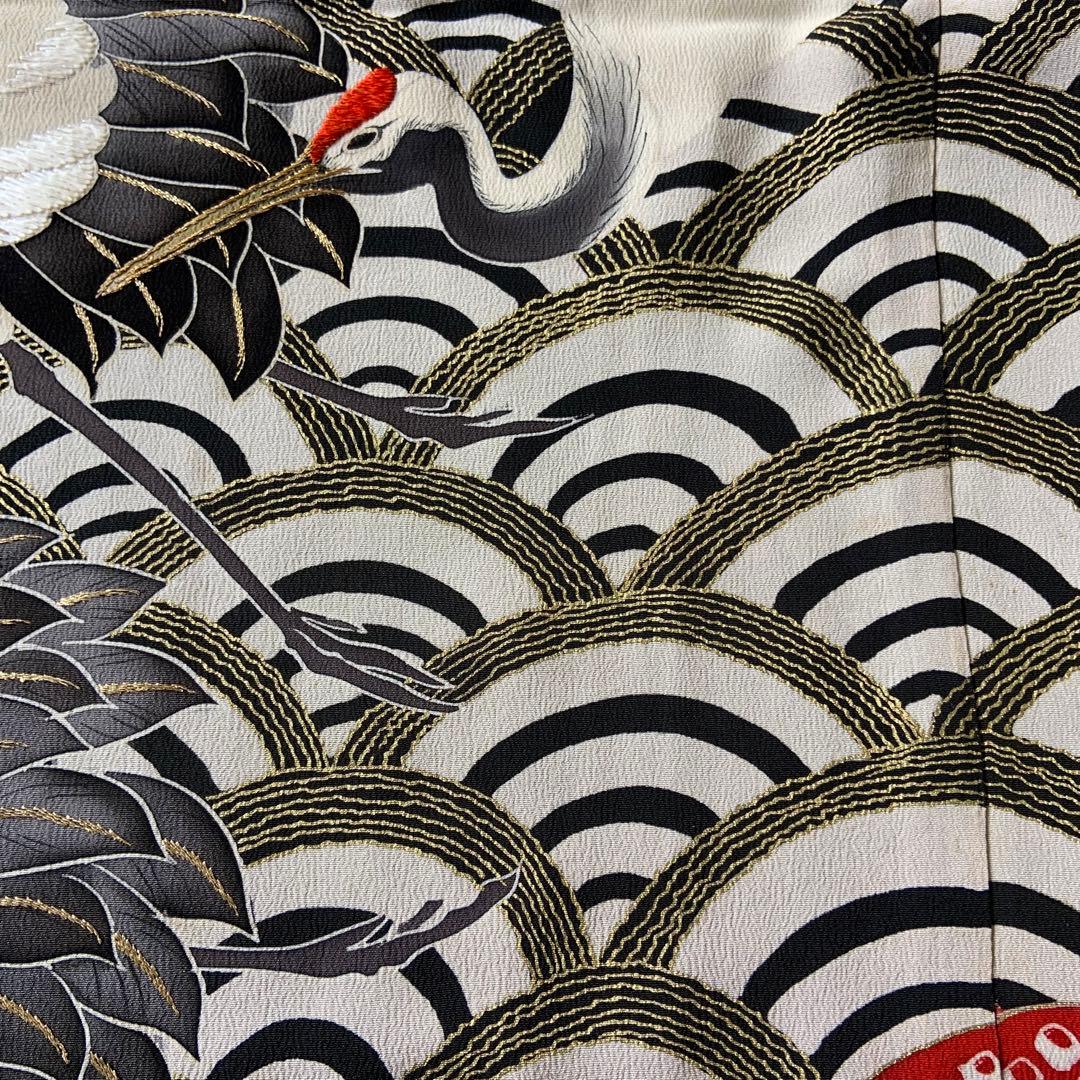 アンティークヴィンテージ振袖 鶴と雲　青海波文様リメイク