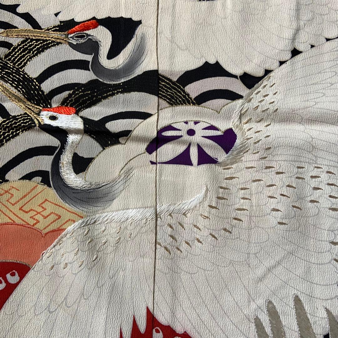 アンティークヴィンテージ振袖 鶴と雲　青海波文様リメイク