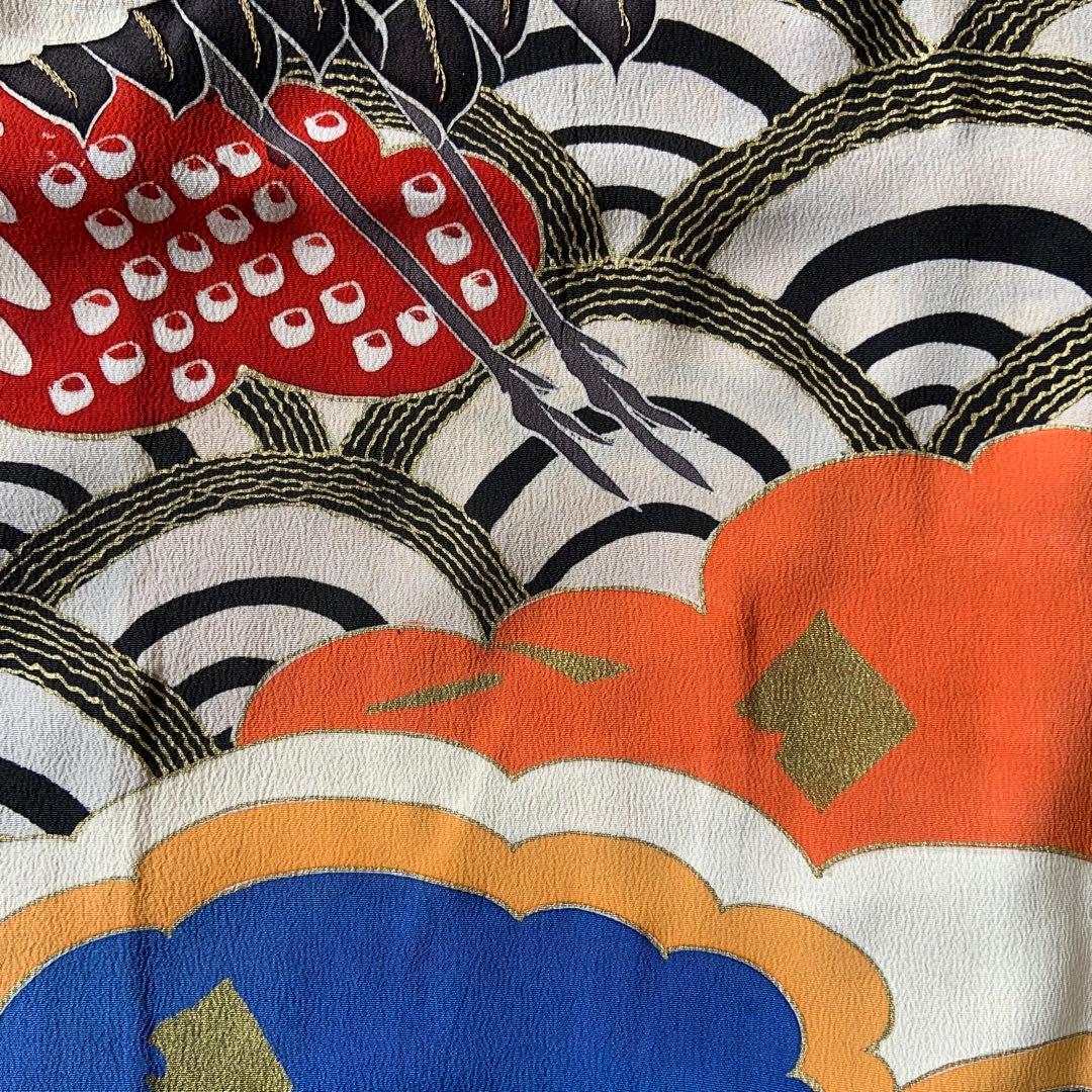 アンティークヴィンテージ振袖 鶴と雲　青海波文様リメイク