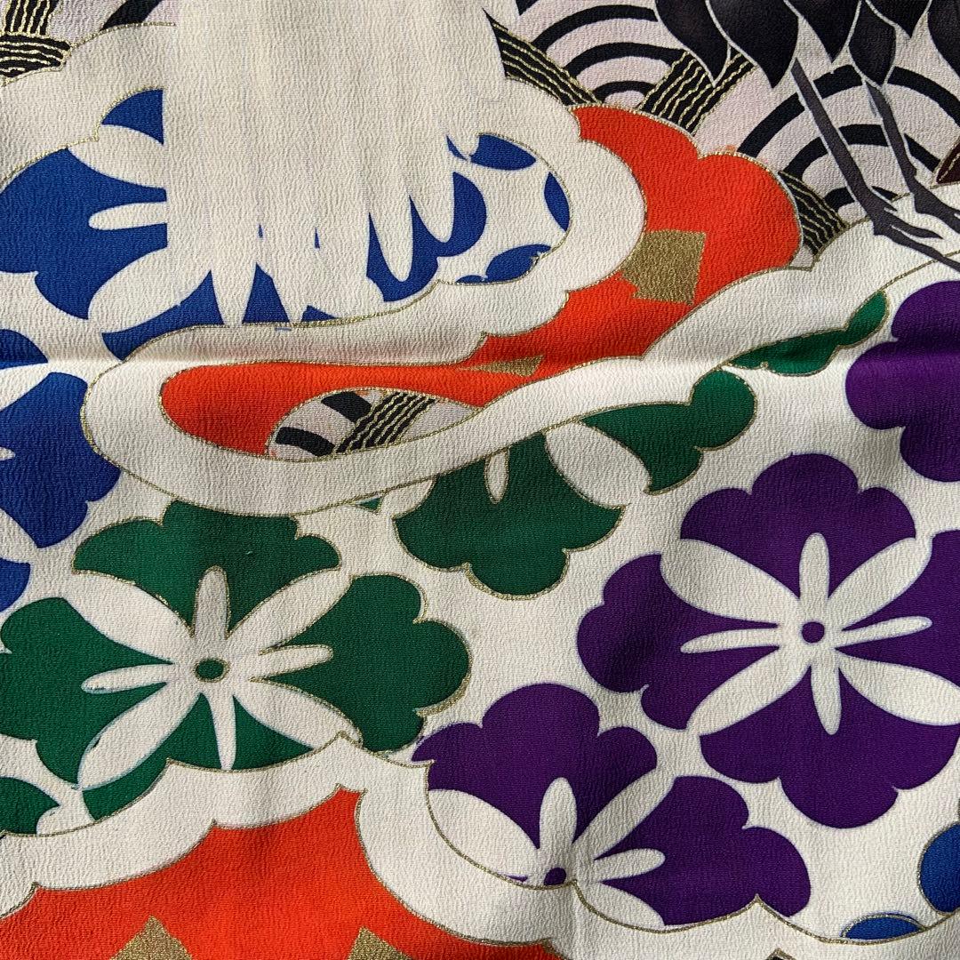 アンティークヴィンテージ振袖 鶴と雲　青海波文様リメイク