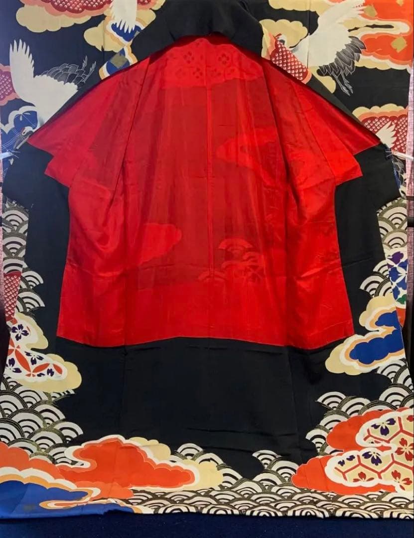 アンティークヴィンテージ振袖 鶴と雲　青海波文様リメイク